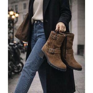 Bussola Reykjavik Suede Moto Biker Boots Brown Buckle Mid Heel Lug Sole Size 9